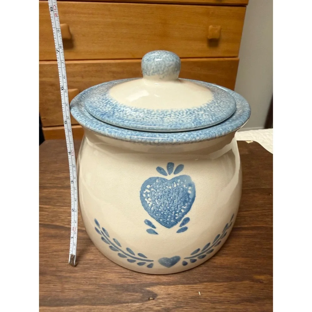 Vintage 1996 ABCo Blue Heart Sponge Painted Ceramic Canister Lidded Cookie Jar